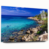 Large abstract wall art of a European Cyprus landscape in muted earth tones on acrylic glass.