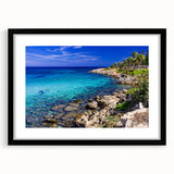 Extra large abstract art print of colorful, textured European scenery on a black framed canvas, ideal for living room decor.