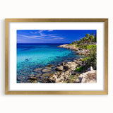 Abstract art print of a European scenery in Cyprus, featuring muted earth tones on a framed canvas.