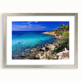 Extra large abstract art print of European scenery in Cyprus, featuring textured details and silver frame.