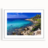 Abstract textured art print of a European Cyprus landscape in muted earth tones, framed with a white mat.