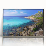 Mid-century modernist acrylic print of a European Cyprus landscape in muted earth tones, framed in silver.