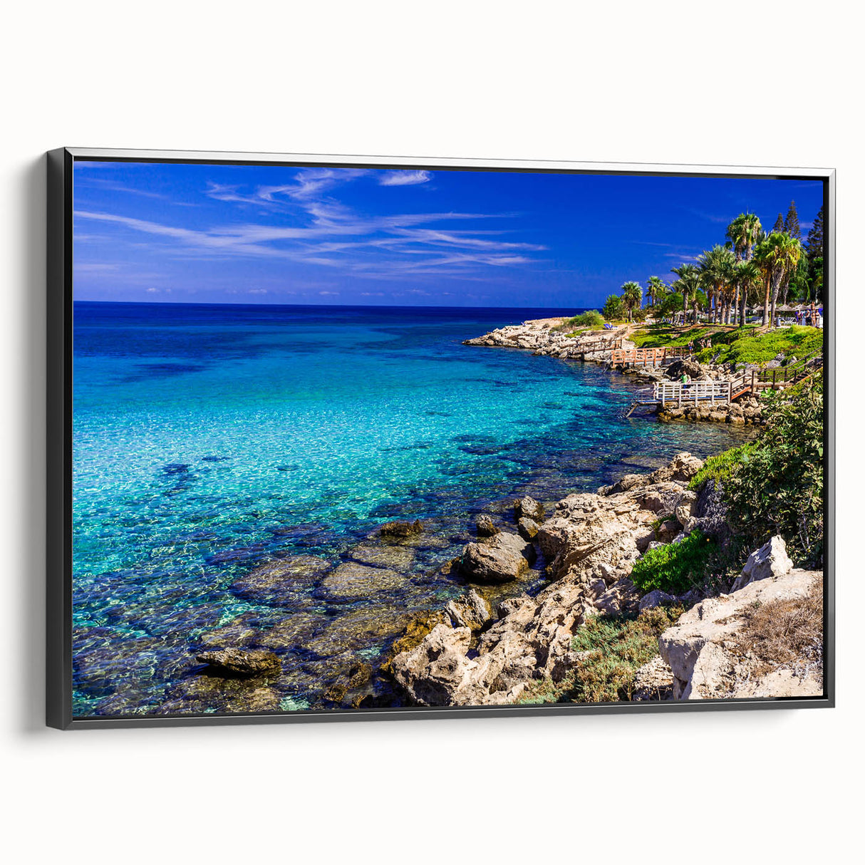 Black and white landscape art painting of a European Cyprus scenery on framed canvas, ideal for bedroom wall decor.
