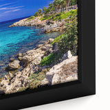 Extra large framed canvas of a textured Cyprus landscape in black with colorful accents, suitable for living room decor.
