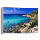 Vintage poster art of a European Cyprus landscape on a large framed canvas.