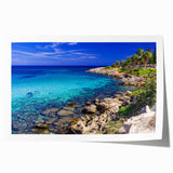 Rolled print of a European Cyprus landscape with vibrant green and blue tones, ideal for art wall dining room decor.