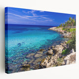 Side view of a stretched canvas depicting a European Cyprus landscape, with muted earth tones, ideal for kitchen wall art.
