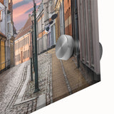 Large abstract wall art featuring a mid-century modernist Denmark scenery in muted blue and green tones on acrylic glass.