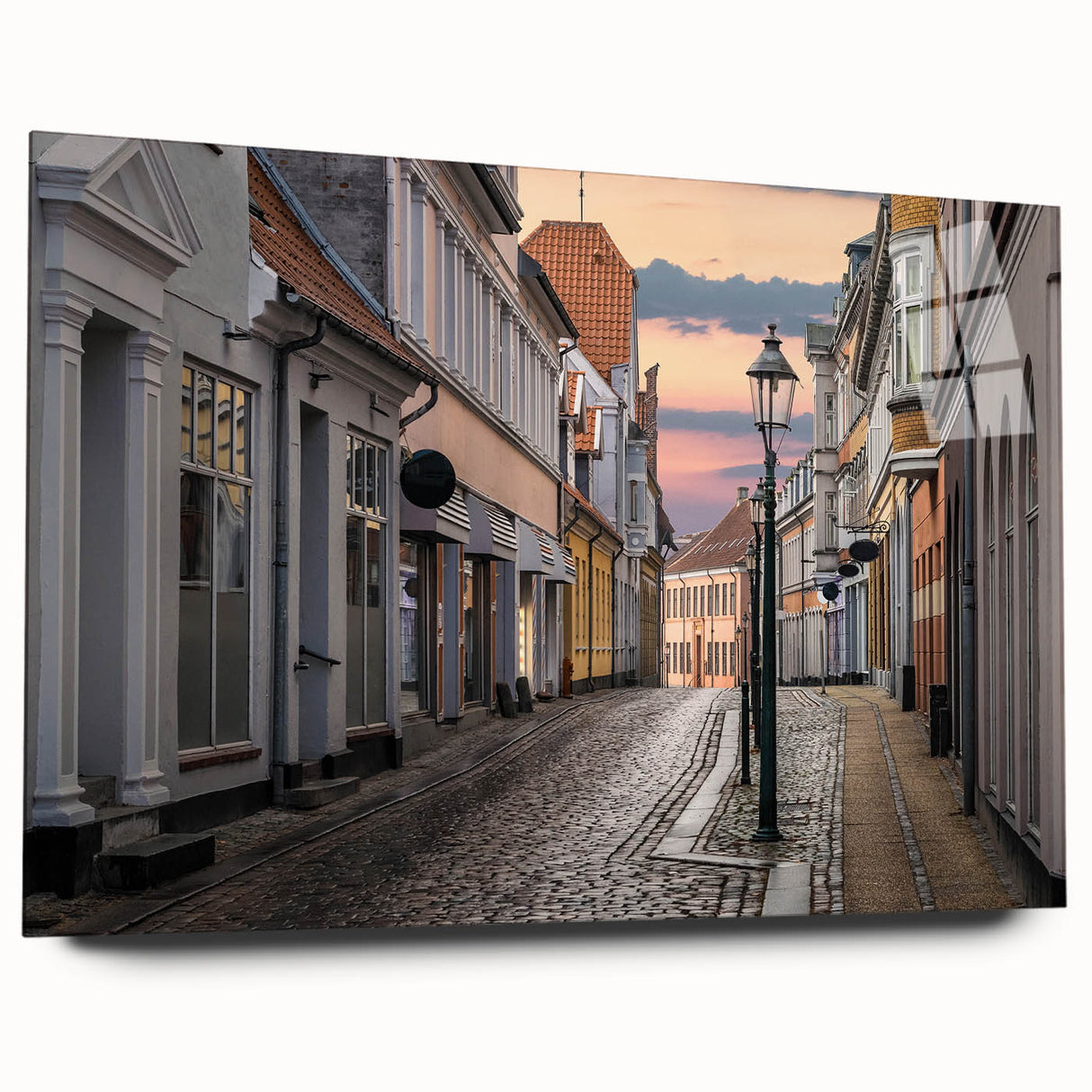 Large abstract depiction of a Danish landscape in muted green and blue tones on acrylic glass.