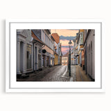 Textured abstract art print depicting a serene Danish landscape in muted earth tones on a framed white mat.