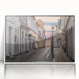 Mid-century modernist art depicting a serene Danish landscape in muted earth tones, framed acrylic.