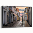 Black and white vintage poster art of a European landscape on framed canvas, ideal for bedroom decor.