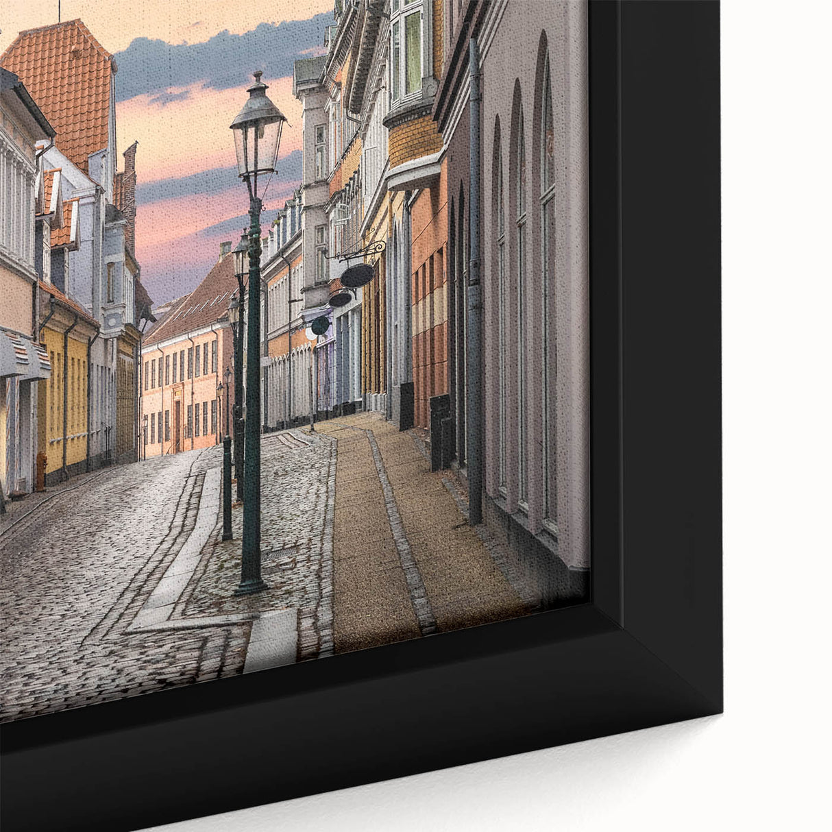 Extra large black wall art featuring a textured depiction of a European scenery in vibrant colors on framed canvas.