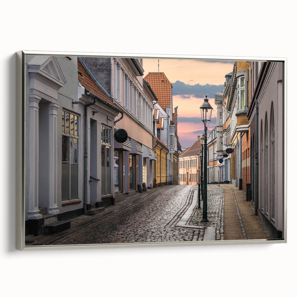 Framed canvas of a vintage-style landscape painting depicting a Danish coastal scene in muted blues and greens.