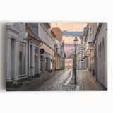 Black and white photograph of a European cityscape on stretched canvas, ideal for kitchen wall art.