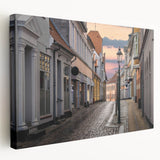 Large canvas print of a serene Danish landscape in soft green and blue tones, ideal for kitchen wall art.