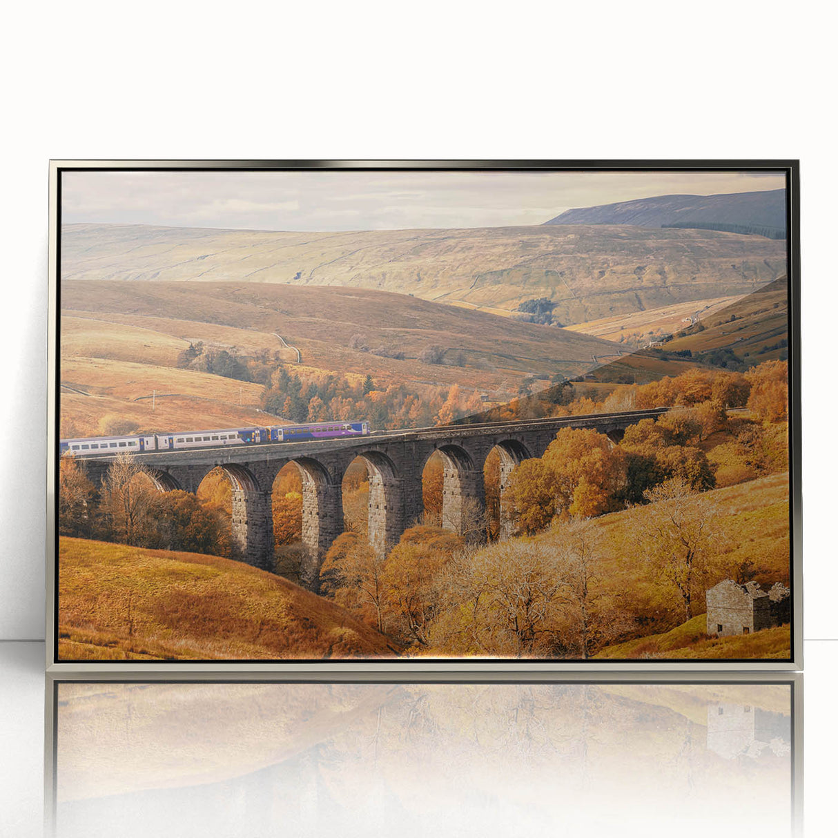 Mid-century modernist acrylic print of an English countryside landscape in muted green and blue, ideal for nursery wall art.