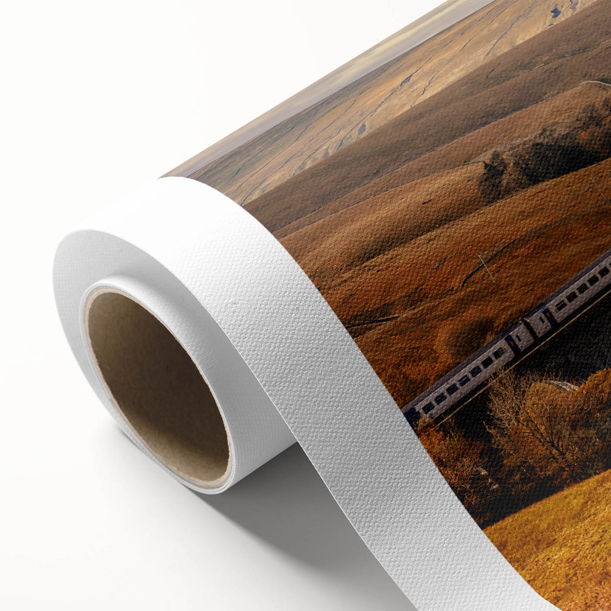 Art Deco poster of Cumbria, England, showcasing muted green and brown tones on a rolled canvas, ideal for nursery wall art.