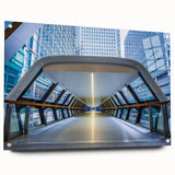 Acrylic print of London skyline in muted gray and blue tones, suitable for bedroom or dining room decor.