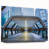 Large abstract depiction of the London skyline in muted blue and gray tones on acrylic glass.