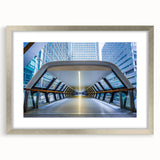 Extra large abstract art print of a textured London skyline in muted gray and silver tones, framed with a silver mat.