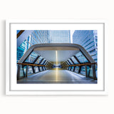 Textured art of London scenery in abstract style, using muted blue and gray tones on a framed white mat.