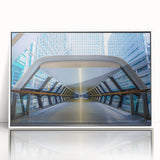 Mid-century modernist London skyline in muted blue and gray tones, framed acrylic print, ideal for nursery wall art.