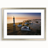 Extra large abstract art print depicting a textured European scenery in muted earth tones, framed in silver.