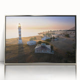 Large art print of a European Estonian landscape in muted green and blue tones on a silver-framed acrylic.