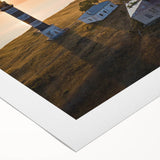 Art deco poster of a European cityscape in muted gray and blue tones on rolled canvas, suitable for dining room decor.