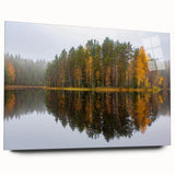 Large abstract wall art of a Finnish scenery in muted blues and greens on acrylic glass.