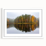 Textured abstract art print of a serene Finnish landscape in muted blue and green tones on a framed white canvas.