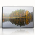 Large abstract wall art depicting a serene Finnish landscape in muted blue and green tones, framed in black acrylic.