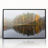 Large abstract wall art depicting a serene Finnish landscape in muted blue and green tones, framed in black acrylic.