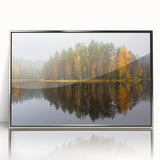 Mid-century modernist style large art print of a serene Finnish landscape in muted green and blue tones.