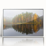 Mid-century modernist art depicting a serene Finnish landscape in muted earth tones, framed acrylic.