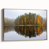 Framed canvas depicting a serene Finnish landscape in muted greens and blues, ideal for bedroom wall art.