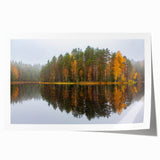 Scenic Finland landscape on rolled print, featuring soft green and blue tones, ideal for art wall dining room.