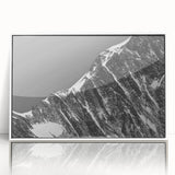 Mid-century modernist art of the French Alps in muted earth tones, acrylic print framed in white.