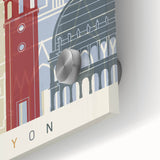 Large abstract wall art depicting the Lyon cityscape in vibrant hues on acrylic glass, ideal for dining room decor.