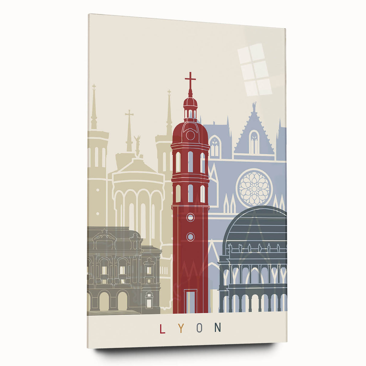 Acrylic print of a large abstract depiction of Lyon, France, in muted earth tones, suitable for bedroom or dining room decor.