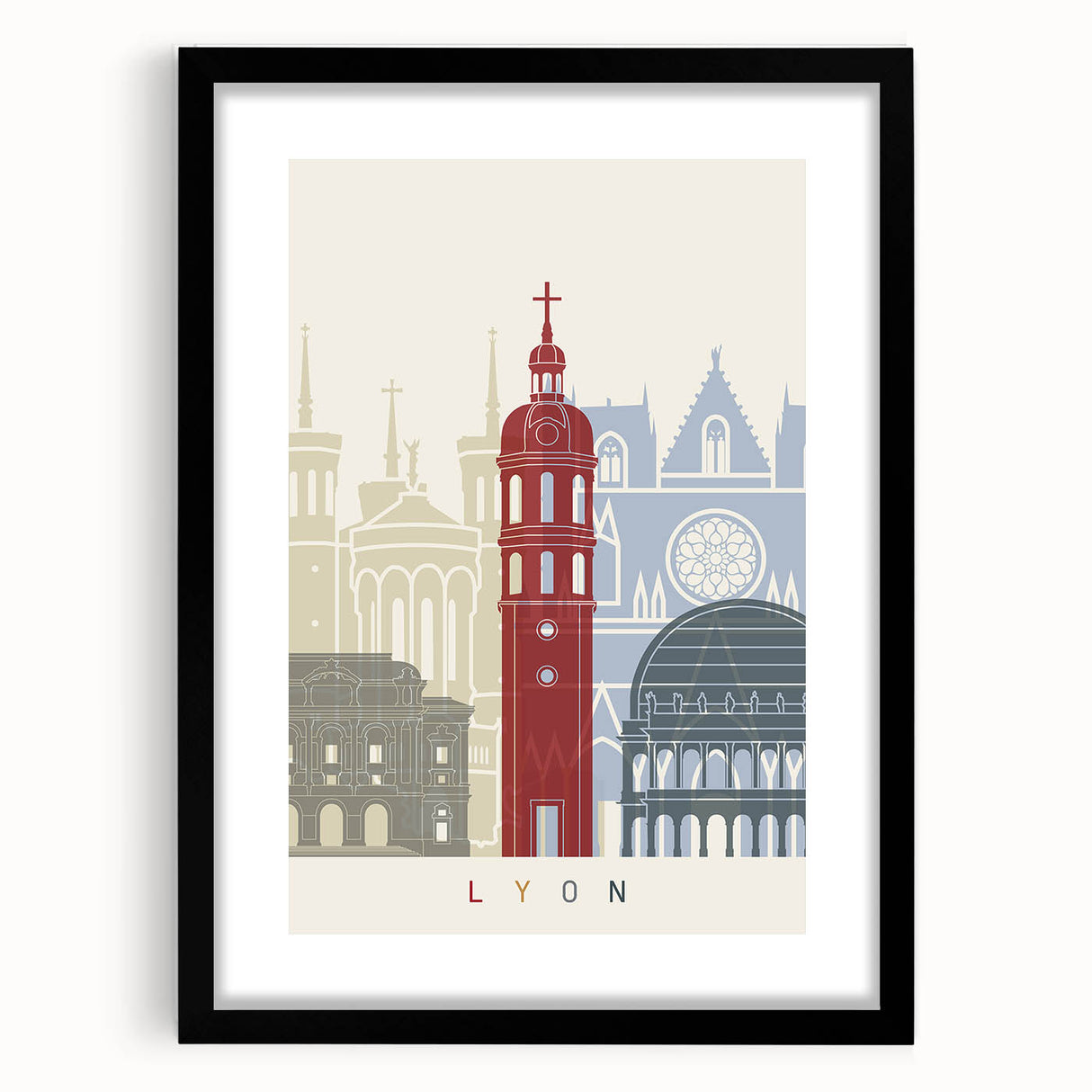 Extra large abstract art print of colorful, textured Lyon scenery on a framed black mat, ideal for living room decor.