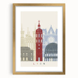 Abstract art print of Lyon scenery in muted gold and blue tones, framed with a gold mat, suitable for dining room decor.
