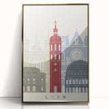 Art deco poster of Lyon, France in muted gold and cream tones on framed acrylic.