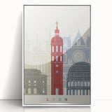 Mid-century modernist art depicting Lyon, France in muted grays and blues on a framed acrylic.