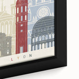 Extra large black wall art featuring a textured view of Lyon, France, with vibrant, colorful accents on a framed canvas.