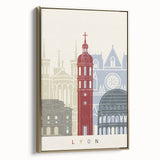 Framed canvas depicting a vintage-style landscape of Lyon with muted earth tones, ideal for bedroom wall art.