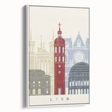 Vintage poster art of Lyon, France in colorful hues on extra large framed canvas, ideal for living room decor.
