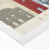 Art deco poster of Lyon, France with muted gray and blue tones on rolled canvas, suitable for dining room wall art.