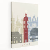 Large canvas wall art depicting the Lyon cityscape in muted earth tones, suitable for kitchen decor.